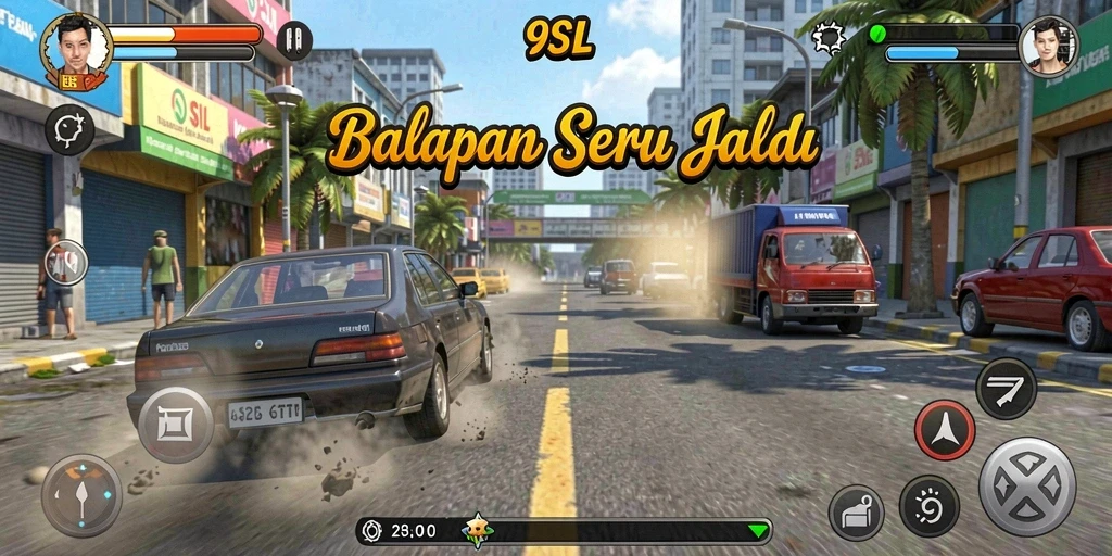 Tangkapan layar utama <strong>9SL</strong> menampilkan balapan seru di jalan kota.