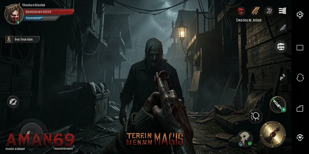 Screenshot gameplay AMAN69 dengan suasana horor yang mendalam.