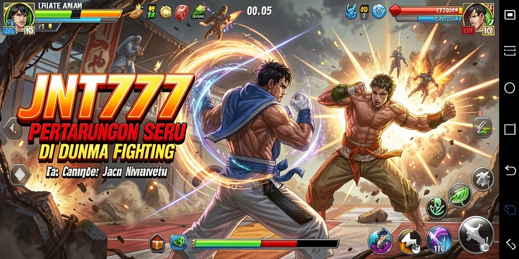 Screenshot utama JNT777 menampilkan aksi bertarung intens antar karakter.