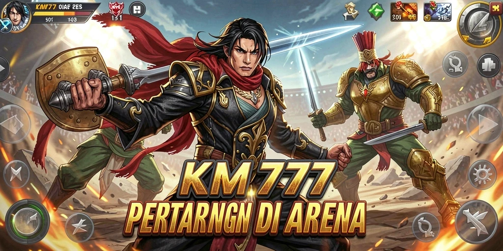 Screenshot gameplay KM777 menunjukkan pertarungan yang mendebarkan di arena.