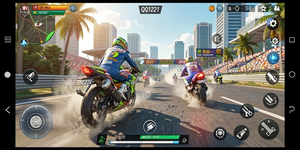 Screenshot gameplay QQ1221 menampilkan balapan motor yang mendebarkan dan adrenalin tinggi.