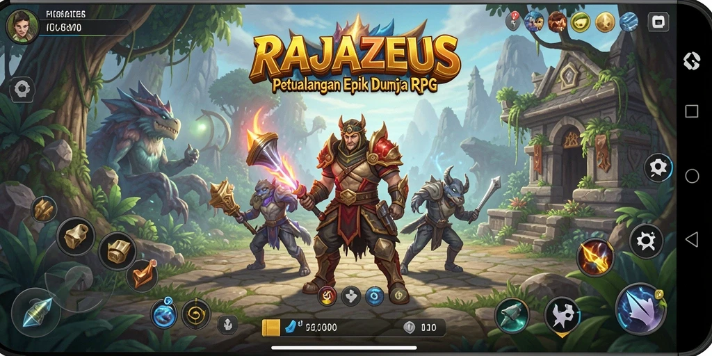Tampilan gameplay epik dalam RAJAZEUS yang menampilkan pertarungan dan eksplorasi.