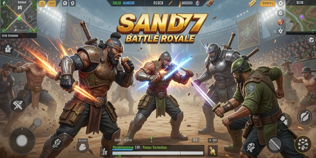 Screenshot gameplay SAND77 yang menampilkan pertarungan seru Battle Royale.