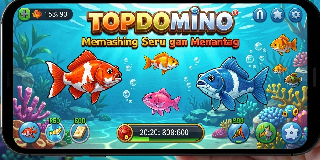 Screenshot permainan TOPDOMINO menampilkan momen seru memancing ikan.